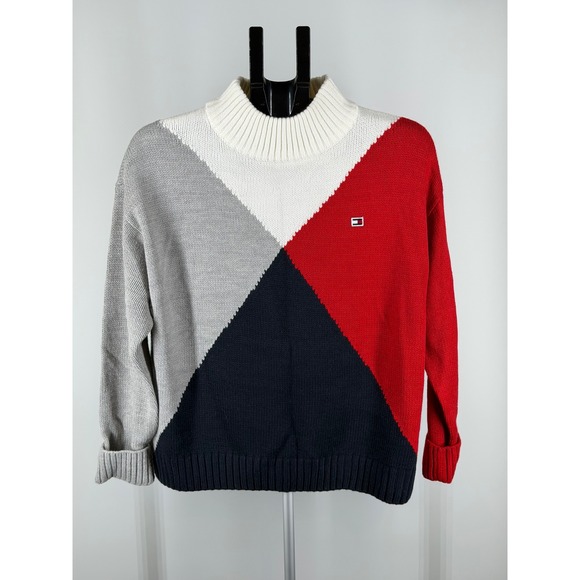 Tommy Hilfiger Sweaters - Tommy Hilfiger Womens Colorblock Mock Neck Sweater Red Navy Grey White Large